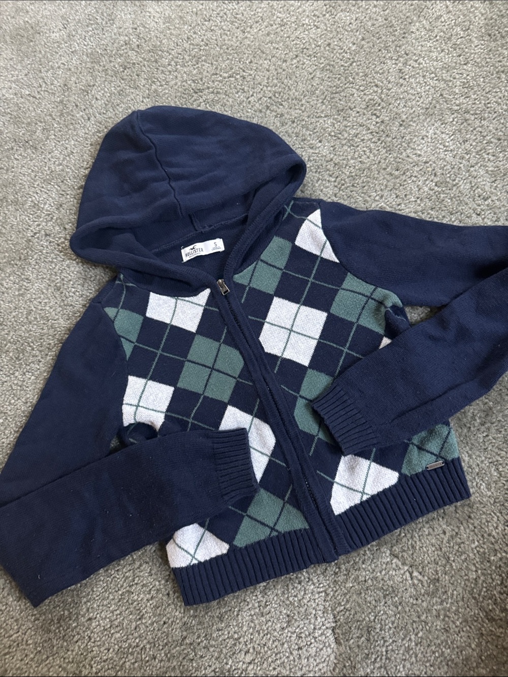 Hollister Navy Zip Hoodie with Green & White Argyle